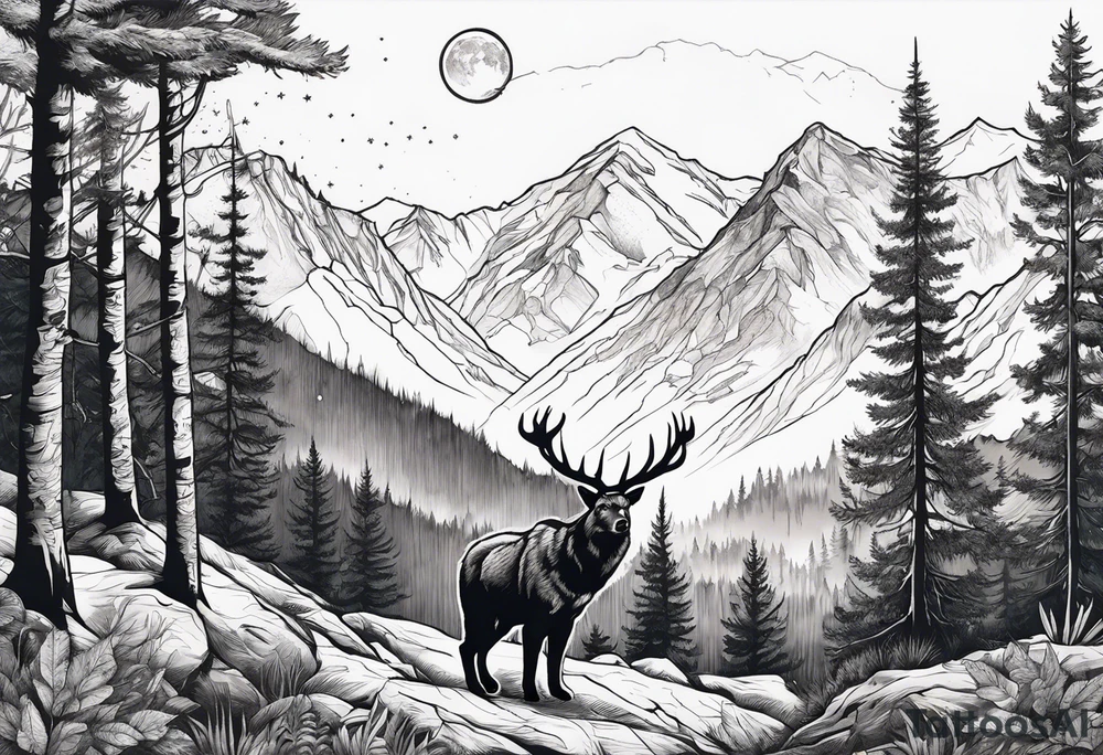 Hunter in the forest with dark mountains in the background under moonlight with bear and
 deer and a cougar tattoo idea