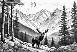 Hunter in the forest with dark mountains in the background under moonlight with bear and
 deer and a cougar tattoo idea