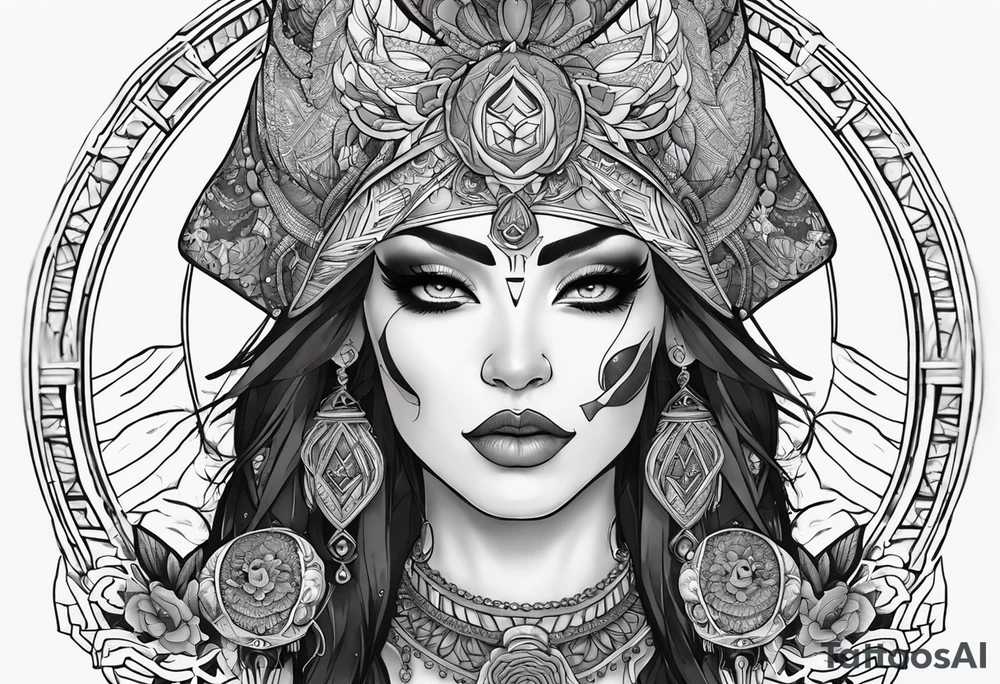 kali ma, alien goddess, valkrye, aries, pirate, divine feminine, zenza resonance, pachamama, lotus azul, blank panther, eagle, skull, 5D, nueva gaya, dna 12, left side chest tatoo tattoo idea