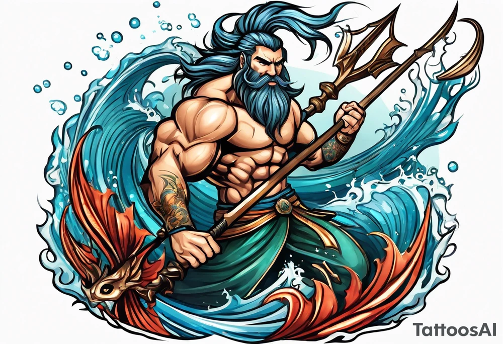 muscular
god 
posideon fighting a sport fish with a trident tattoo idea