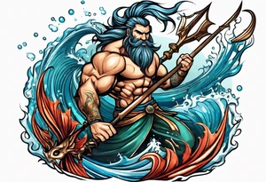 muscular
god 
posideon fighting a sport fish with a trident tattoo idea