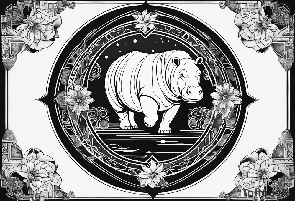 Very asymmetrical, +geometric pattern, with realistic full moon, with seeious looking hippo, +zen feel, + Buddhism touch, +tribal, +geometric
with wintersweet flower bud, +portrait orientation, +inkart touch, tattoo idea