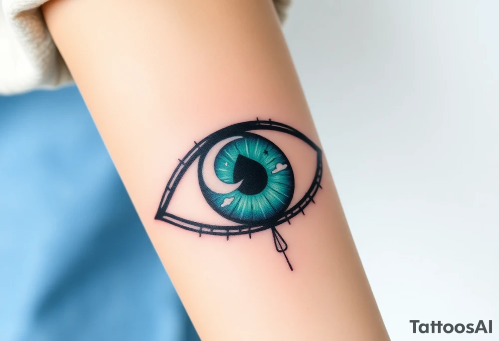 Large outline of an almond shaped eye with a spade inside as the eyeball colored greenish blue with a crescent moon stars and clouds inside vivid colors blue green purple tattoo idea
