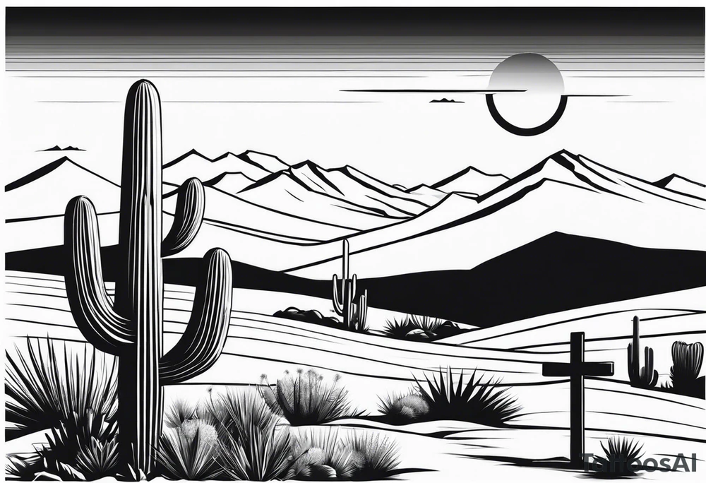 western landscape with a cross and cacti tattoo idea