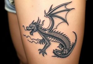 fierce dragon breathing iridescent fire against stormy skies tattoo idea