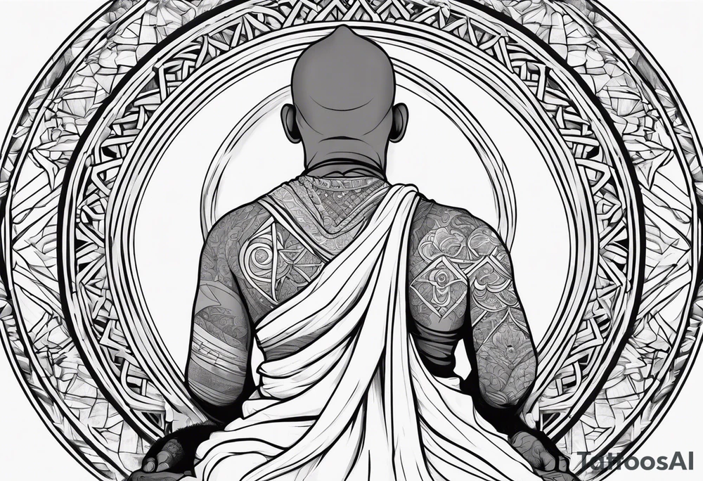 Monk head facing down meditating while doing namaste hand full body tattoo idea
