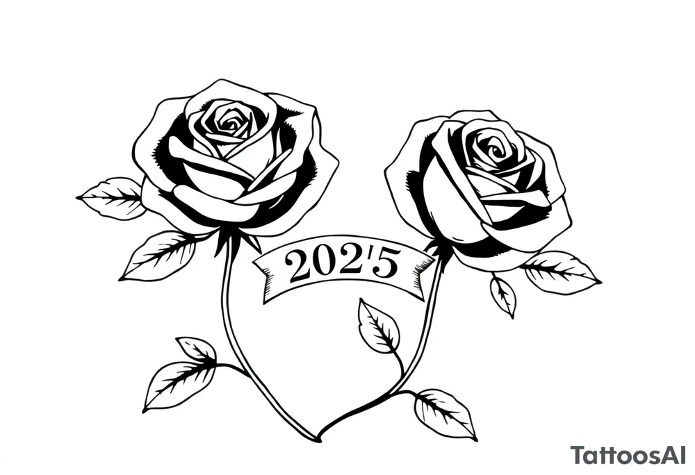 two beautiful large rose buds, one larger than the other, with many leaves next to the rose buds, with one sitting higher than the other. Include a banner connecting the two roses with the year "2025" on it.   Use dark outlines with little shading. The two stems should be short, not long, and connect and join into one stem, whimsically curved or twisted - not straight down. tattoo idea