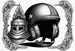 A soldier's helmet and a child's toy next to it tattoo idea