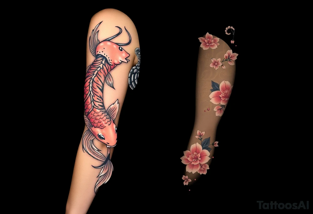 Full arm sleeve, one koi fish, one tiger, the sun, cherry blossom filler, beautiful tattoo idea
