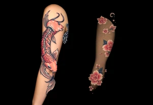 Full arm sleeve, one koi fish, one tiger, the sun, cherry blossom filler, beautiful tattoo idea