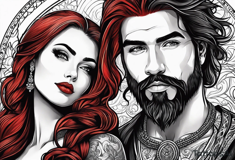 Busty red haired woman with a bearded man who has black hair getting married tattoo idea
