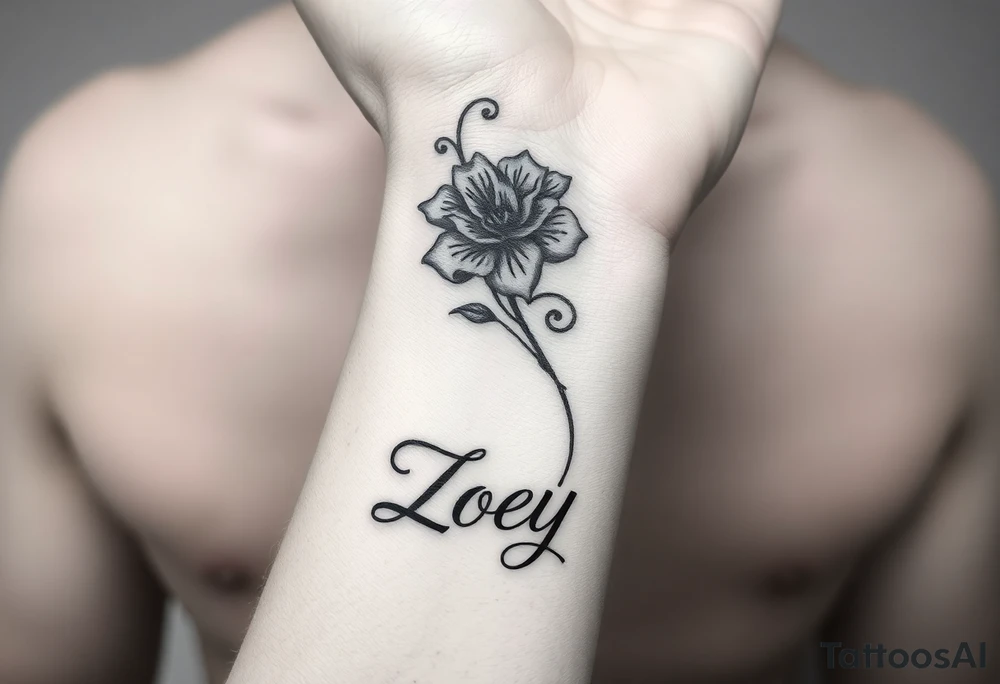 Tattoo on inside wrist just below palm. A flower with curling tendrils draping up inside of arm about 3" with the name Zoey tattoo idea