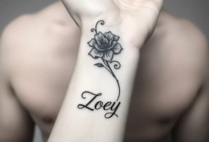 Tattoo on inside wrist just below palm. A flower with curling tendrils draping up inside of arm about 3" with the name Zoey tattoo idea