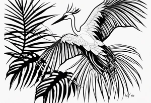 Japanese crane flying through monstera, philodendron pastazanum tattoo idea