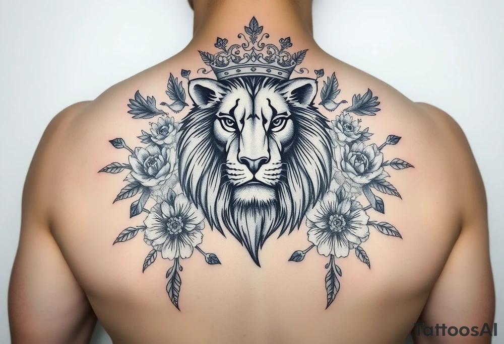powerful majestic lion with a crown, surrounded by floral ornaments and birds tattoo idea