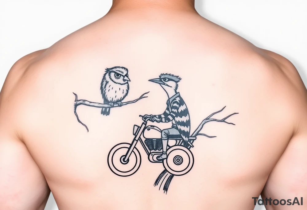 Owl in a tree and woody the woodpecker lovingly looking up at the owl as he rides a harley davidson under the tree tattoo idea