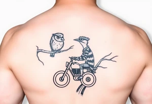 Owl in a tree and woody the woodpecker lovingly looking up at the owl as he rides a harley davidson under the tree tattoo idea