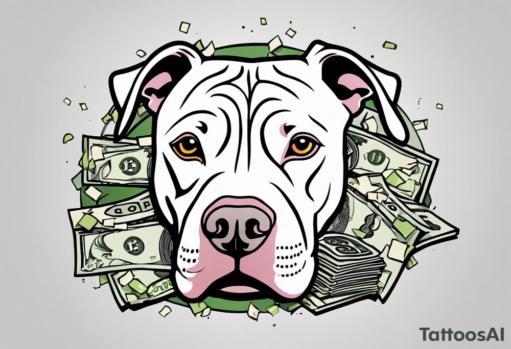 A pit bull with wads of cash in his mouth and the letters “A.O.” Over the dog tattoo idea