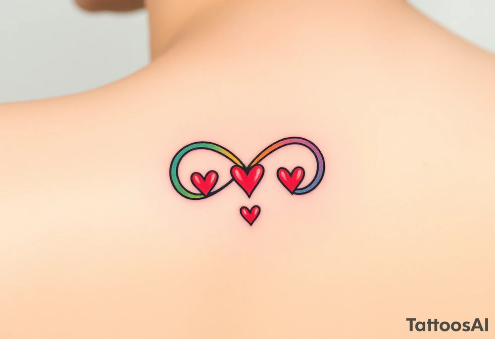 infinity symbol in rainbow colors and hearts at its ending tattoo idea