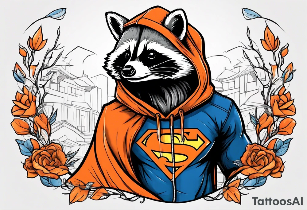 Raccoon wearing an orange Superman hoodie tattoo idea