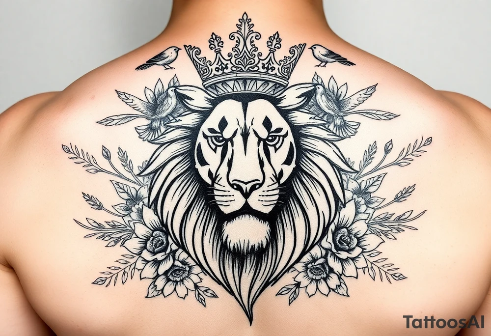 powerful majestic lion with a crown, surrounded by floral ornaments and birds tattoo idea