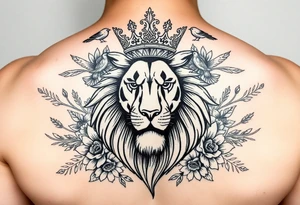 powerful majestic lion with a crown, surrounded by floral ornaments and birds tattoo idea