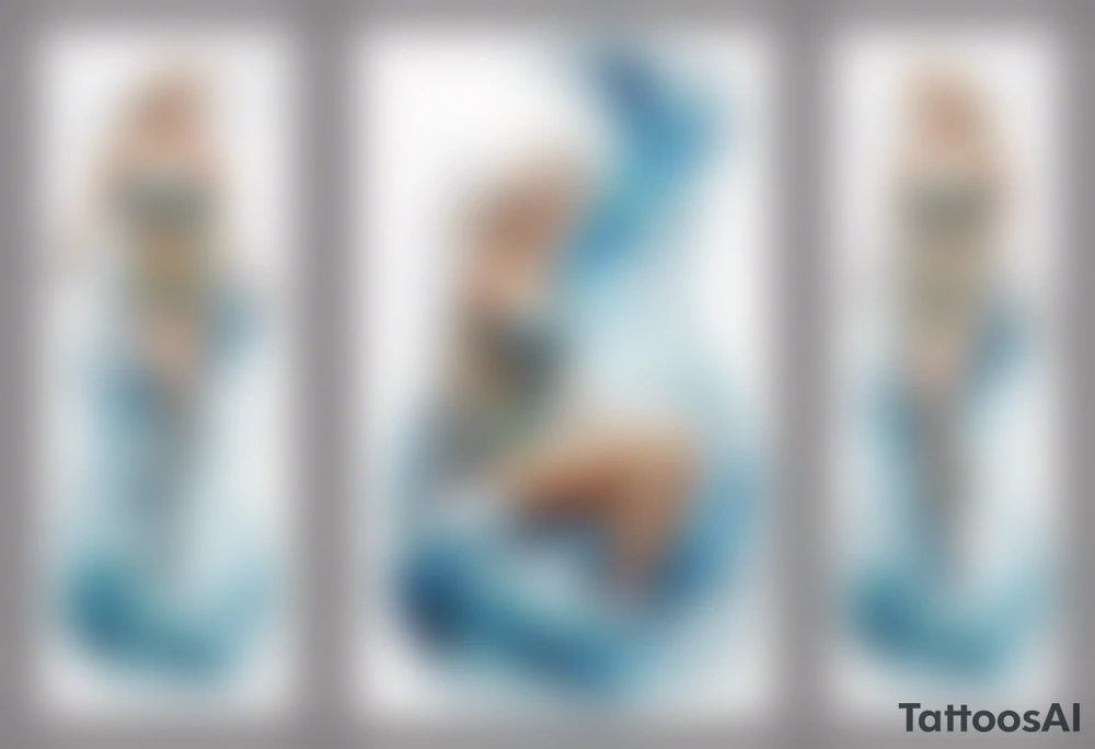 a tall transparent woman made of glass covered with water, sitting upon a wave tattoo idea