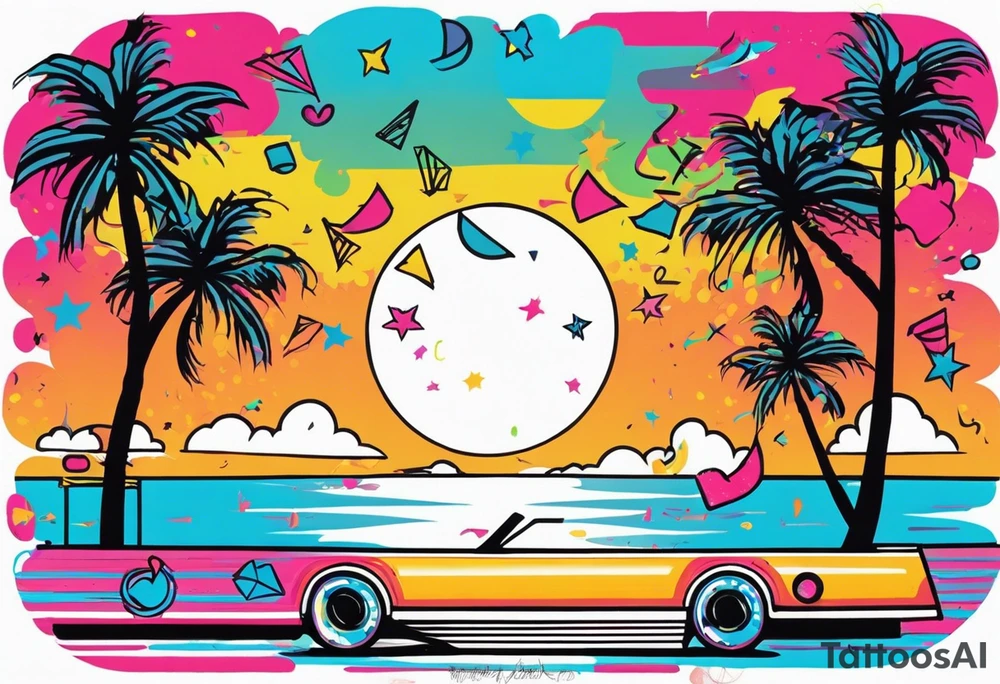 1980's miami vice style beach dance 
party, include confetti, music notes, boom box, bikinis sunset in the center tattoo idea