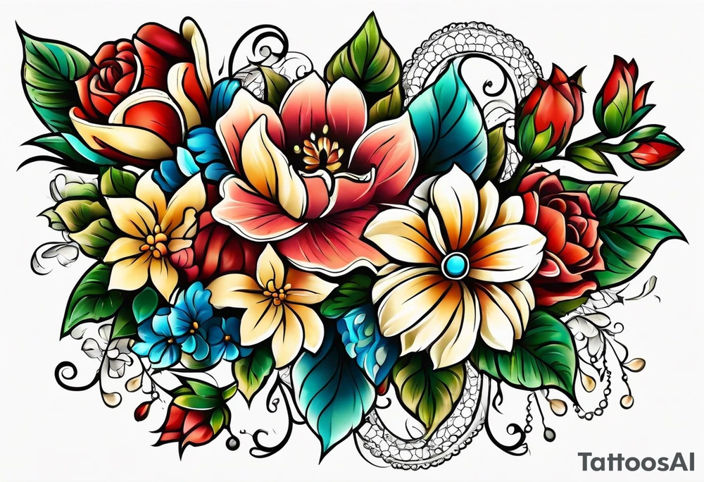 Floral leg piece with beading and lace tattoo idea. colorful, old school flowers, highly detailed, florals. white background tattoo idea
