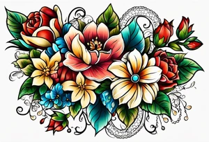 Floral leg piece with beading and lace tattoo idea. colorful, old school flowers, highly detailed, florals. white background tattoo idea