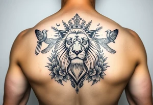 powerful majestic lion with a crown, surrounded by floral ornaments and birds tattoo idea