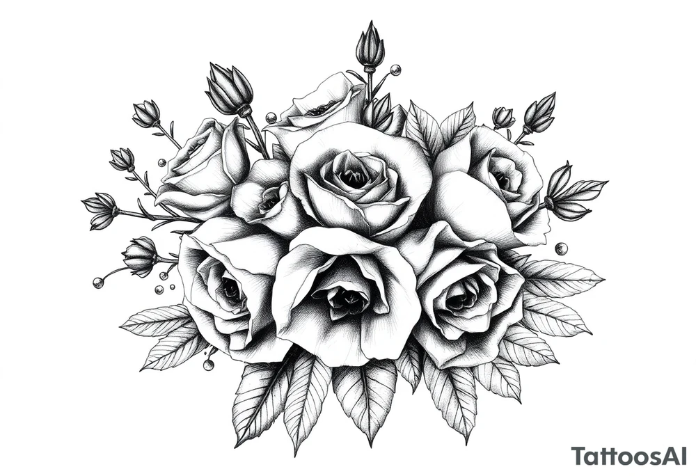 vintage bouquet of wild roses and meadow flowers with morning dew tattoo idea