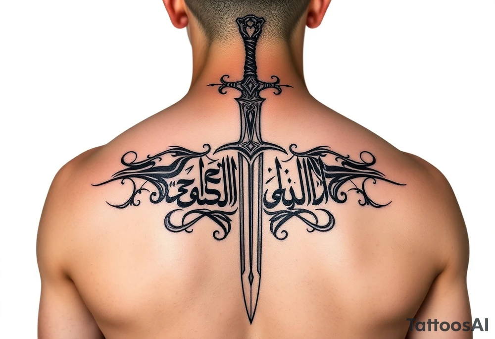 Arabian gothic style tattoo with a sword and looks middle eastern with Arabic writing  with sword going all the way down the back tattoo idea