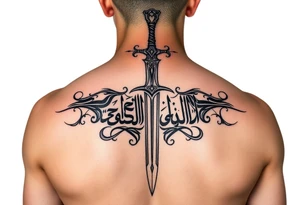 Arabian gothic style tattoo with a sword and looks middle eastern with Arabic writing  with sword going all the way down the back tattoo idea
