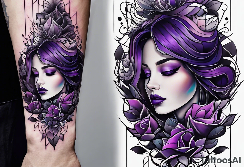 lines around wrist, abstract, black and purple, covered from wrist to forearm, fully covered, no borders, blackwork, no faces tattoo idea