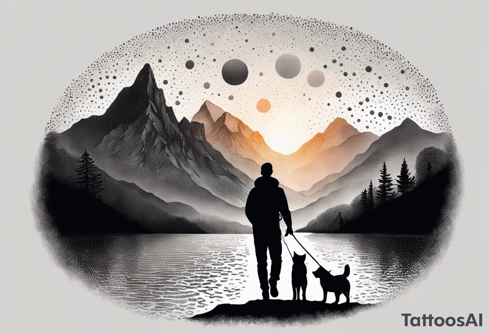 nature, sunset, mountains, a father and son hiking with their dog and cat 
by the water tattoo idea