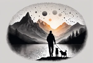 nature, sunset, mountains, a father and son hiking with their dog and cat 
by the water tattoo idea