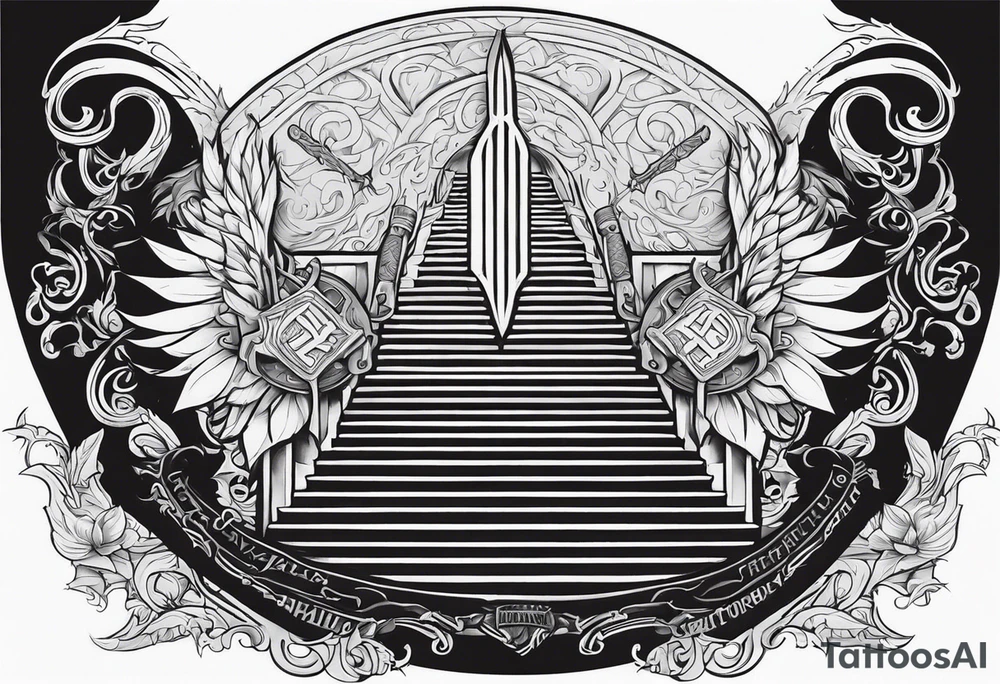 Valhalla mist fire sword shield stairs tattoo idea