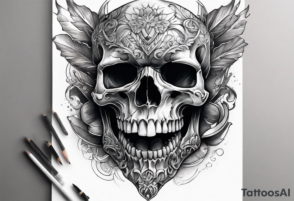 Unique tattoo design featuring a skull emerging from the skin with muzzle on the mouth that appears to be releasing or breaking free from its constraints. tattoo idea