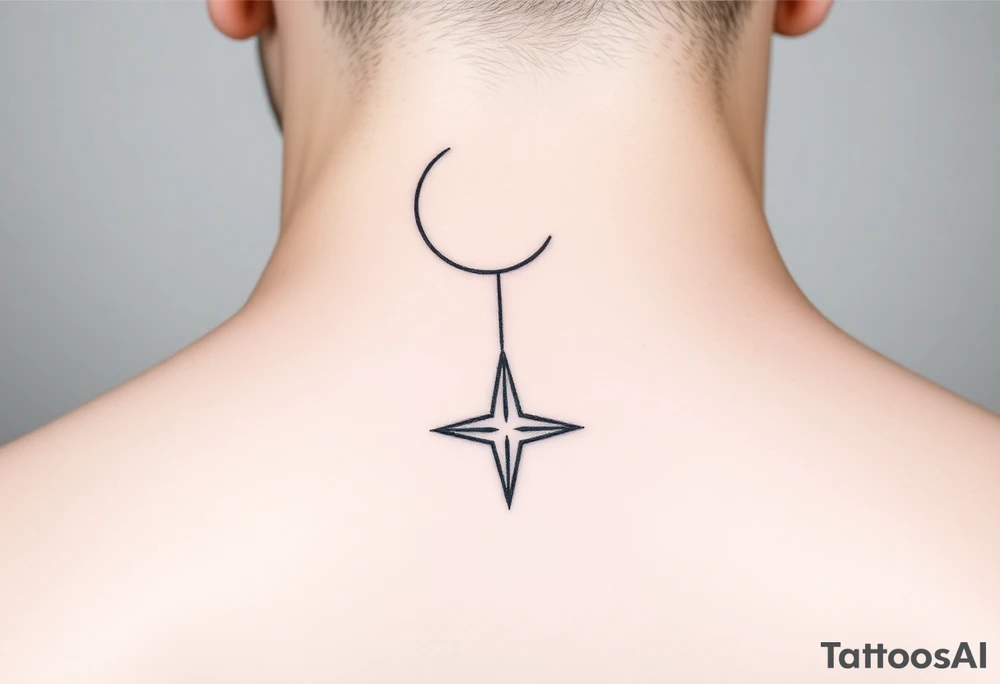 A minimalist crescent moon neck tattoo with a sleek, modern design. The crescent moon is positioned at the top, curving to the left, with a thin, clean line. Below the moon, there is a vertical line intersected by a sharp, star-like shape with four points. The star shape has elongated top and bottom points, giving it a clean, symmetrical look. The tattoo is placed behind the ear, following the natural curve of the neck. The lines are crisp and delicate, creating a stylish, celestial vibe." tattoo idea
