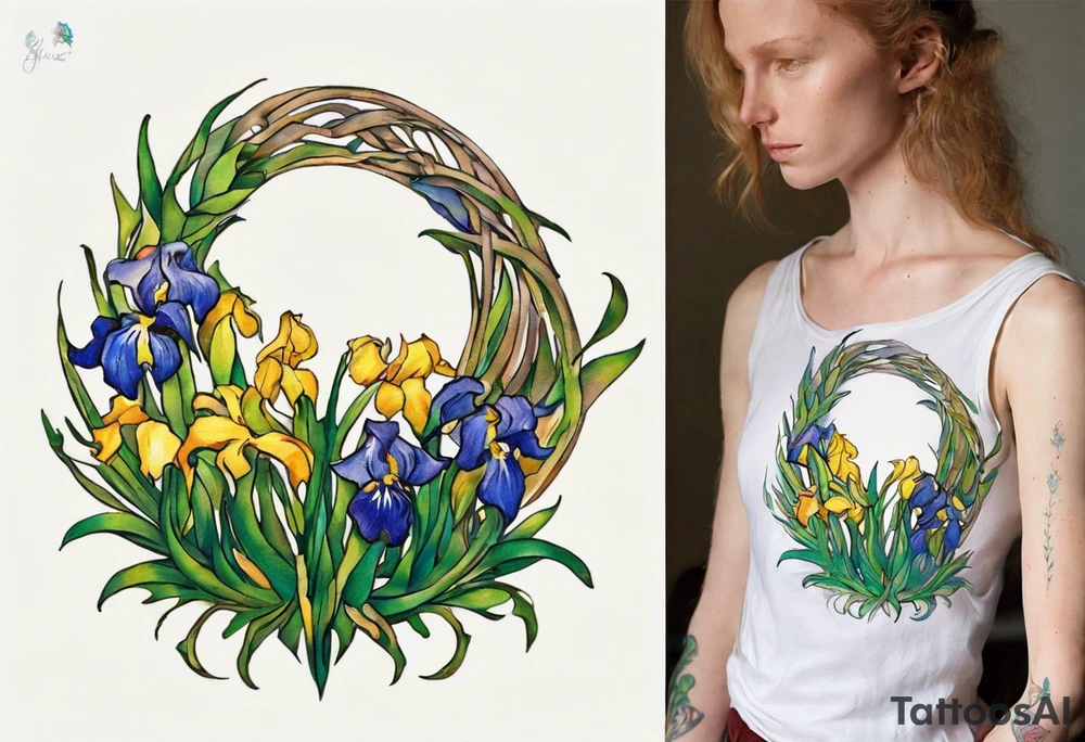 Create a small colorful Vincent van Gogh Irises tattoo in the form of a crescent, with vines gracefully intertwining at a central point in the middle of the wreath. Ensure that the design avoids the appearance of a bush and maintains a more structured and deliberate arrangement. The intended placement is on the upper chest. The overall design should be small in size while maintaining a delicate and artistic aesthetic. Pay attention to the graceful flow of the vines and the placement of the irises to achieve a refined and elegant look. tattoo idea