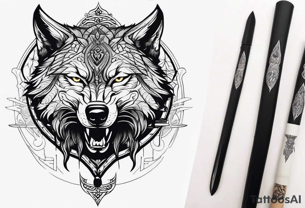 wolf head with katana in mouth tattoo idea
