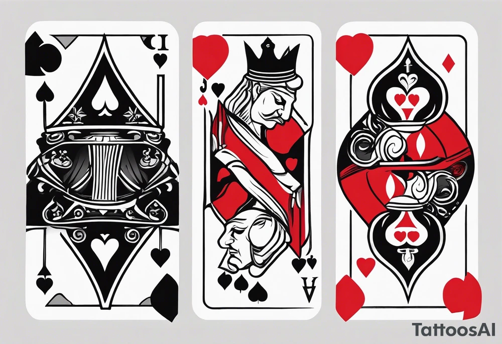 one combined tatto in minimalistic style with icon style three king of spades and icon style one queen of hearts. extreme minimalstic and few lines. much more minimlastic and fewer lines tattoo idea