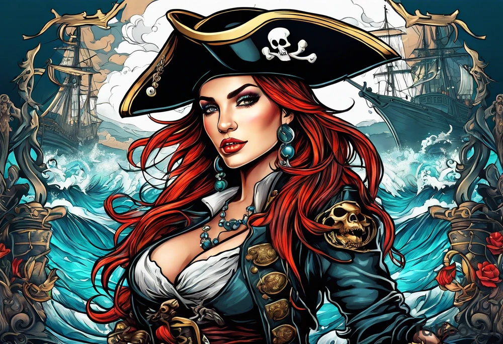 sexy female pirates with a group of skull pirates and a sea monster tattoo idea
