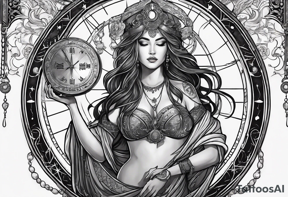 Libra woman holding scales with a night zodiac background including a half moon that encircles half of the woman tattoo idea