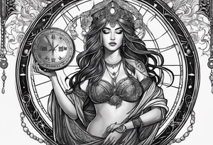 Libra woman holding scales with a night zodiac background including a half moon that encircles half of the woman tattoo idea