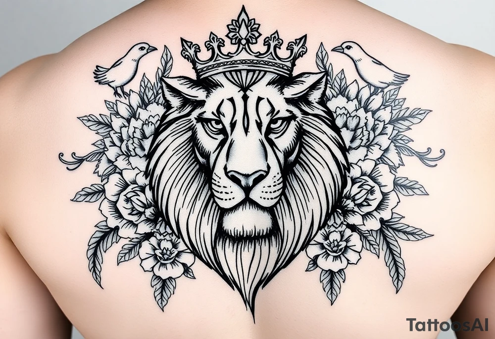 powerful majestic lion with a crown, surrounded by floral ornaments and birds tattoo idea