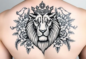 powerful majestic lion with a crown, surrounded by floral ornaments and birds tattoo idea