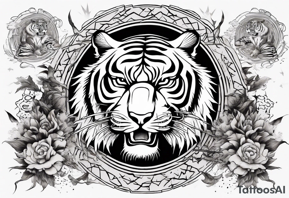 Ancient tiger with lightning and a sun for a forearm sleeve. With patterns surrounding it tattoo idea