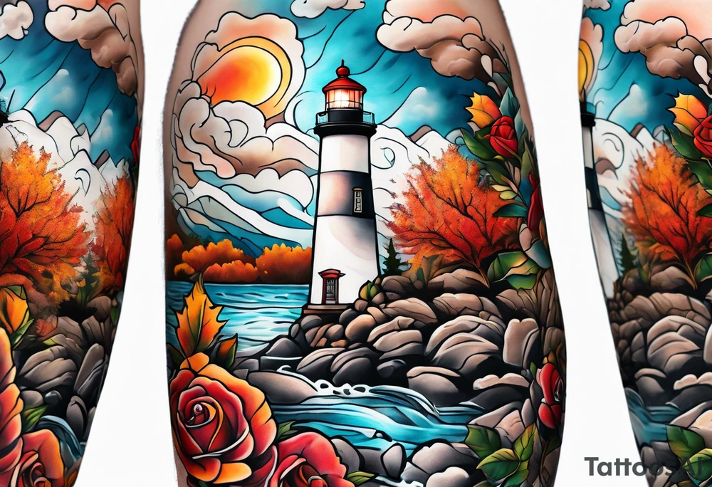 thigh tattoo in fall colors, showing lighthouse, water flow, rocks, sky, clouds, leaves, roses tattoo idea